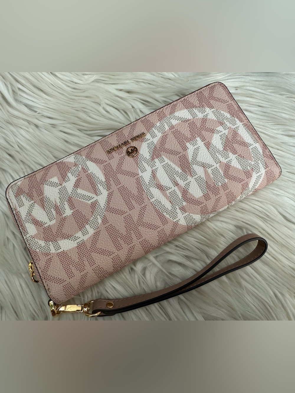 Michael Kors Pink and White Logo Zip Wristlet Wallet